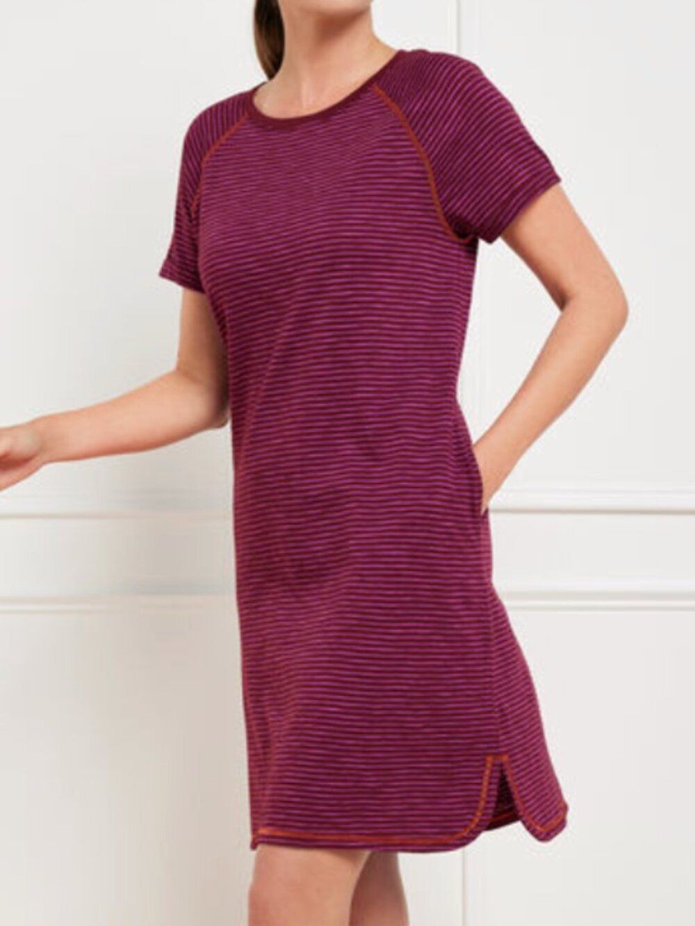 T by Talbots Cotton Modal Raglan T-Shirt Dress Size Medium Dusk Stripe Women's